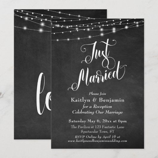 Krijtbord Slingerlichten Net Getrouwd Receptie Kaart (Voorkant / Achterkant)