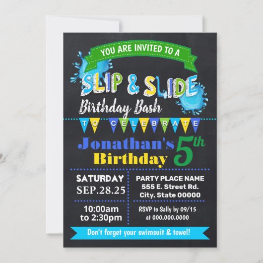Krijtbord Slip en slide verjaardag bash blauw fees Kaart (Voorkant)
