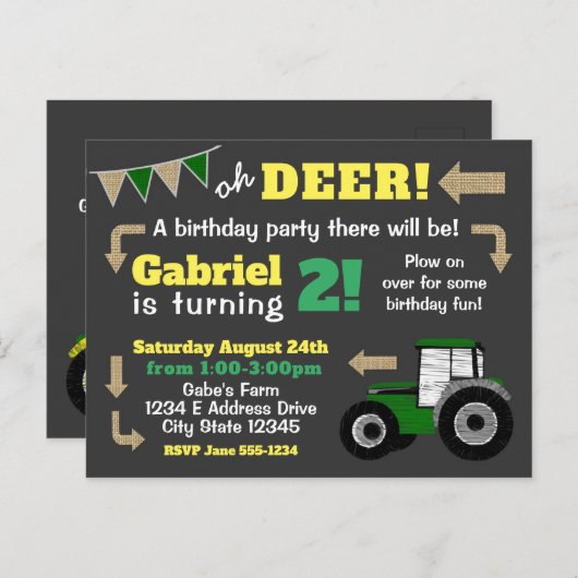 Krijtbord Tractor Uitnodigen, Verjaardag Tractor Uitnodiging Briefkaart (Voorkant / Achterkant)