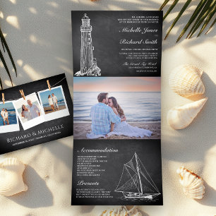 Krijtbord Vuurtoren Zeilboot Nautilus Trouwfeest Drieluik Uitnodiging