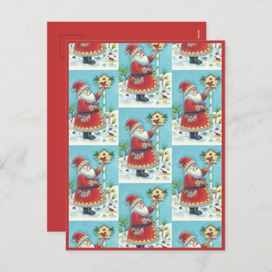 KRIS KRINGLE FEEDING REDBIRDS, CHRISTMAS BIRDHOUSE FEESTDAGENKAART (Voorkant / Achterkant)