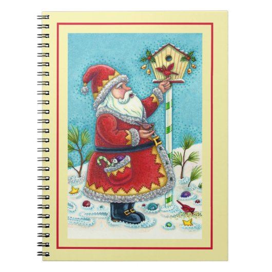 KRIS KRINGLE FEEDING REDBIRDS, CHRISTMAS BIRDHOUSE NOTITIEBOEK (Voorkant)