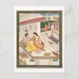 Krishna en Radha op een bed in een Mogul palace in Briefkaart