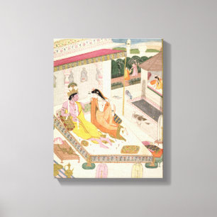 Krishna en Radha op een bed in een Mogul palace in Canvas Afdruk