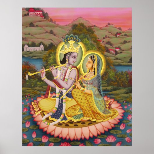 Krishna en Radha op Lotus - grote afdruk Poster (Voorkant)