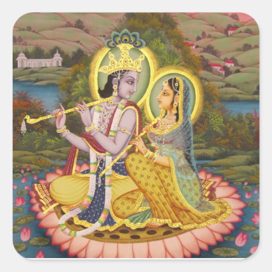 Krishna en Radha op lotus Vierkante Sticker (Voorkant)