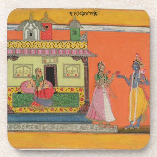 Krishna komt bij Radha's huis, illustratie voor Drankjes Onderzetter (Voorkant)