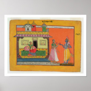 Krishna komt bij Radha's huis, illustratie voor Poster
