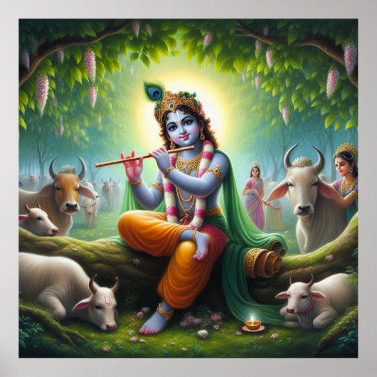 Krishna speelt fluit onder kadamba boom poster (Voorkant)
