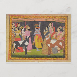 Krishna tilt Mount Govardhana uit de Bhagav Briefkaart