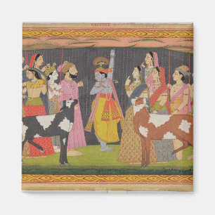 Krishna tilt Mount Govardhana uit de Bhagav Magneet