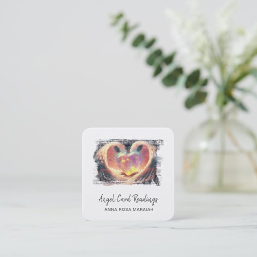 *~* Kristal Opal Hart QR Engel Vleugels AP78 Glow Vierkante Visitekaartje (Staand voorkant)