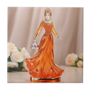 Kristalglazen prinses met oranje jurk tegeltje