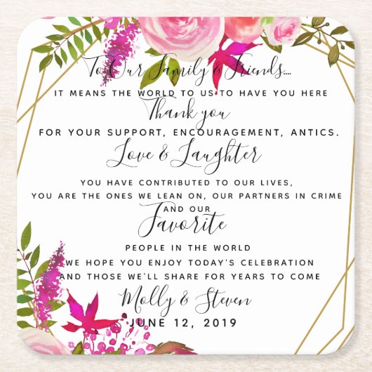 kristallen bruiloft rozen feest / bruiloft Dank u Vierkante Kartonnen Onderzetter (Voorkant)