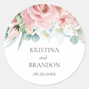 Kristina Floral Pink Boho Chic Wedding Ronde Sticker