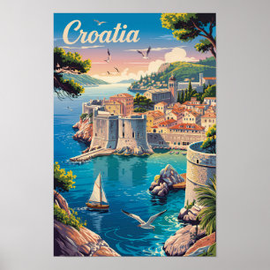Kroatië Dubrovnik Illustratie Reis Kunst Vintage Poster