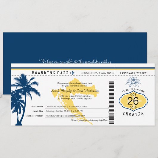 Kroatische boarding Pass Blue and Yellow Wedding Kaart (Voorkant / Achterkant)