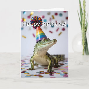 Krokodil met een regenboog verjaardagspartijhoed kaart