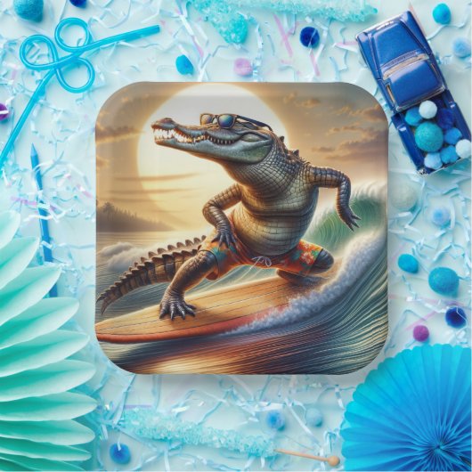 Krokodil op een surfplank papieren bordje (Feest)