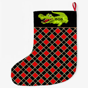 Krokodil op zwart en rood diamantpatroon grote kerstsok