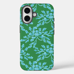 Kronkelende Pioen Houtsnede in Groen en Aqua iPhone 16 Hoesje