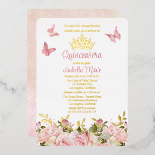 Kroon Butterflies Pink Rose Floral Quinceañera Folie Uitnodiging