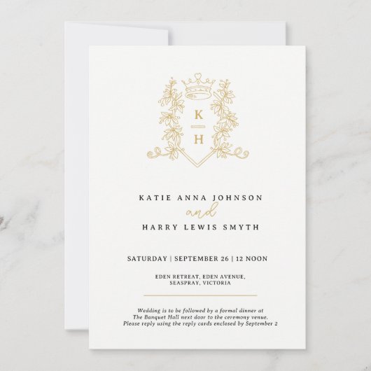 Kroon en foilage bruiloft zwart goud op wit kaart (Voorkant)