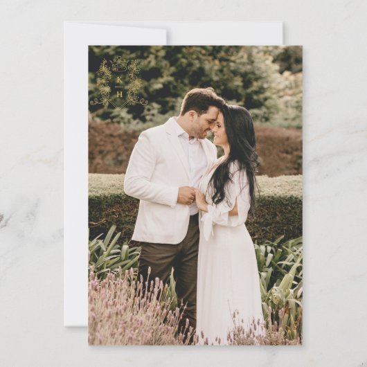 Kroon en foilage bruiloft zwart goud op wit kaart (Achterkant)