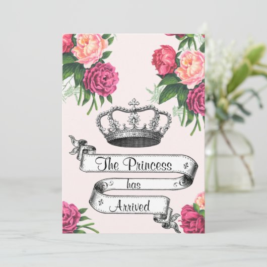 Kroon en Rozen Princess Arrived Birth Announcememe Aankondiging (Staand voorkant)