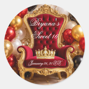 Kroon in Gouden Koninklijke Stoel Verjaardagsfeest Ronde Sticker