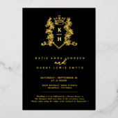 Kroon monogram Foilage bruiloft zwart goud Folie Uitnodiging (Voorkant)