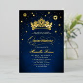 Kroon Tiara Navy Gold Quinceañera Uitnodiging (Staand Voorkant)
