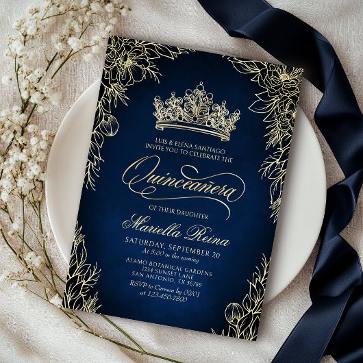 Kroon Tiara Navy Gold Quinceañera Uitnodiging