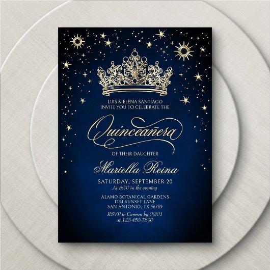 Kroon Tiara Navy Gold Quinceañera Uitnodiging