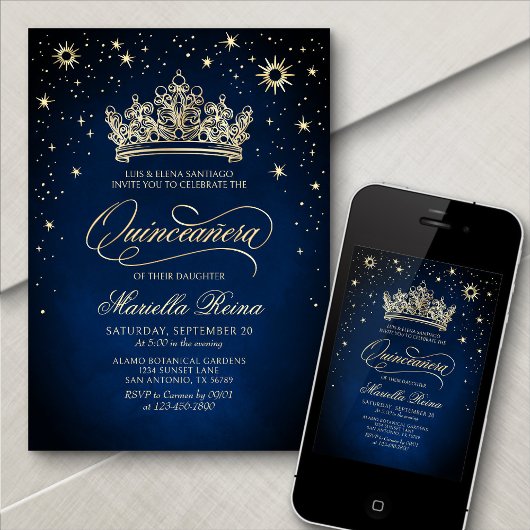 Kroon Tiara Navy Gold Quinceañera Uitnodiging