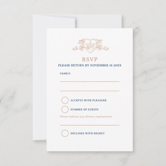 Kroonbladeren monogram bruiloft blauw roos goud RSVP kaartje (Achterkant)