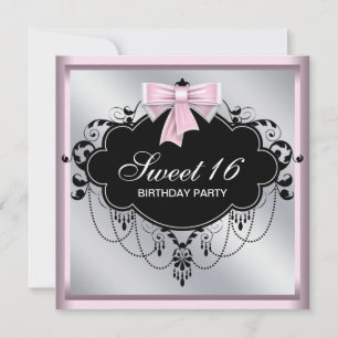 Kroonluchter Roze Zwart Sweet 16 Verjaardagsfeest Kaart