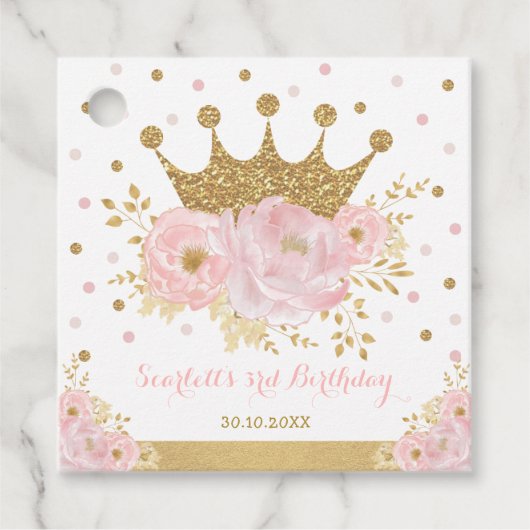 Kroonprinses Blush Bloemen Gouden Glitter Verjaard Bedankjes Labels (Voorkant)