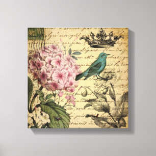 kroonschrift hydrangea vogel botanisch canvas afdruk
