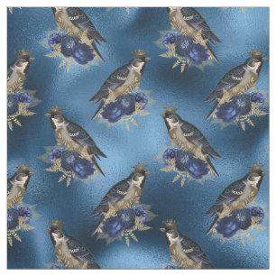 Kroonvogels met bloemen op blauw stof