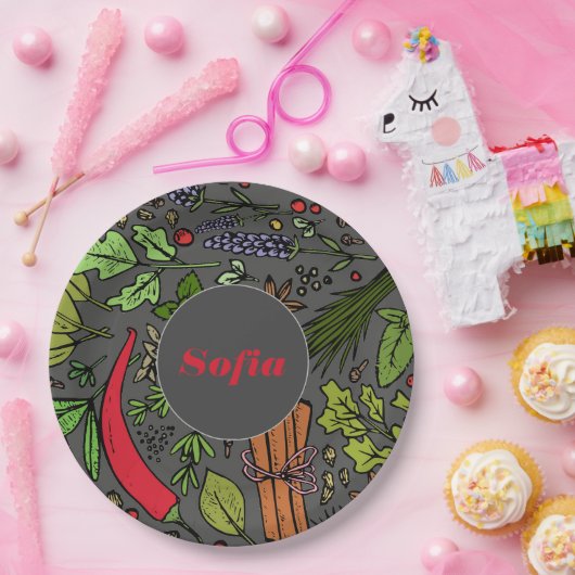 Kruidenpatroon aangepaste naam grijs papier borden papieren bordje (Feest)