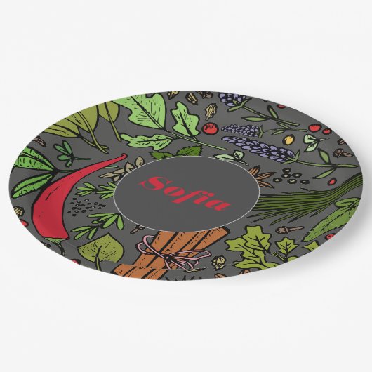 Kruidenpatroon aangepaste naam grijs papier borden papieren bordje (Gekanteld)