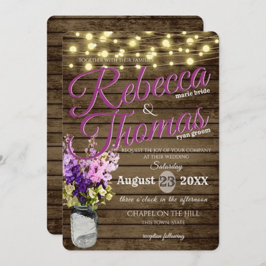 Kruik van Delpheniums en Lichten Rustieke bruiloft Kaart (Voorkant / Achterkant)