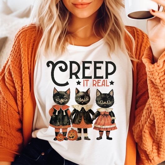 Kruip het echt zwart kat vintage Halloween Tri-Blend Shirt