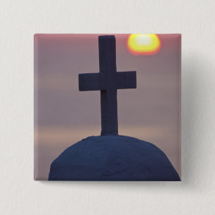 Kruis bovenop kerk bij zonsondergang, Mykonos, Vierkante Button 5,1 Cm