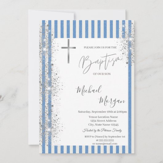 Kruis Doop Zilver Glitter Confetti Blauwe Strepen Kaart (Voorkant)