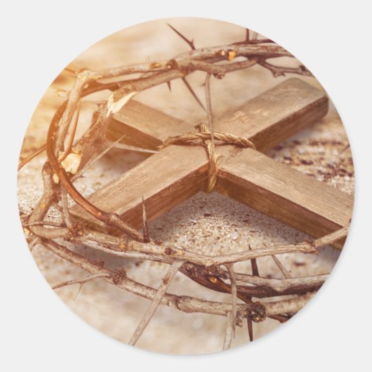 Kruis en Kroon van Thorns Ronde Sticker (Voorkant)