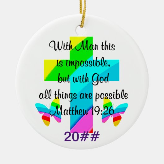 KRUIS EN REGENBOOG MATTHEÜS 19:26 ONTWERP KERAMISCH ORNAMENT (Voorkant)