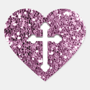 Kruis in het Wit op Roze Glitter Hart Sticker