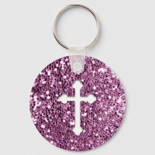 Kruis in het Wit op Roze Glitter Sleutelhanger